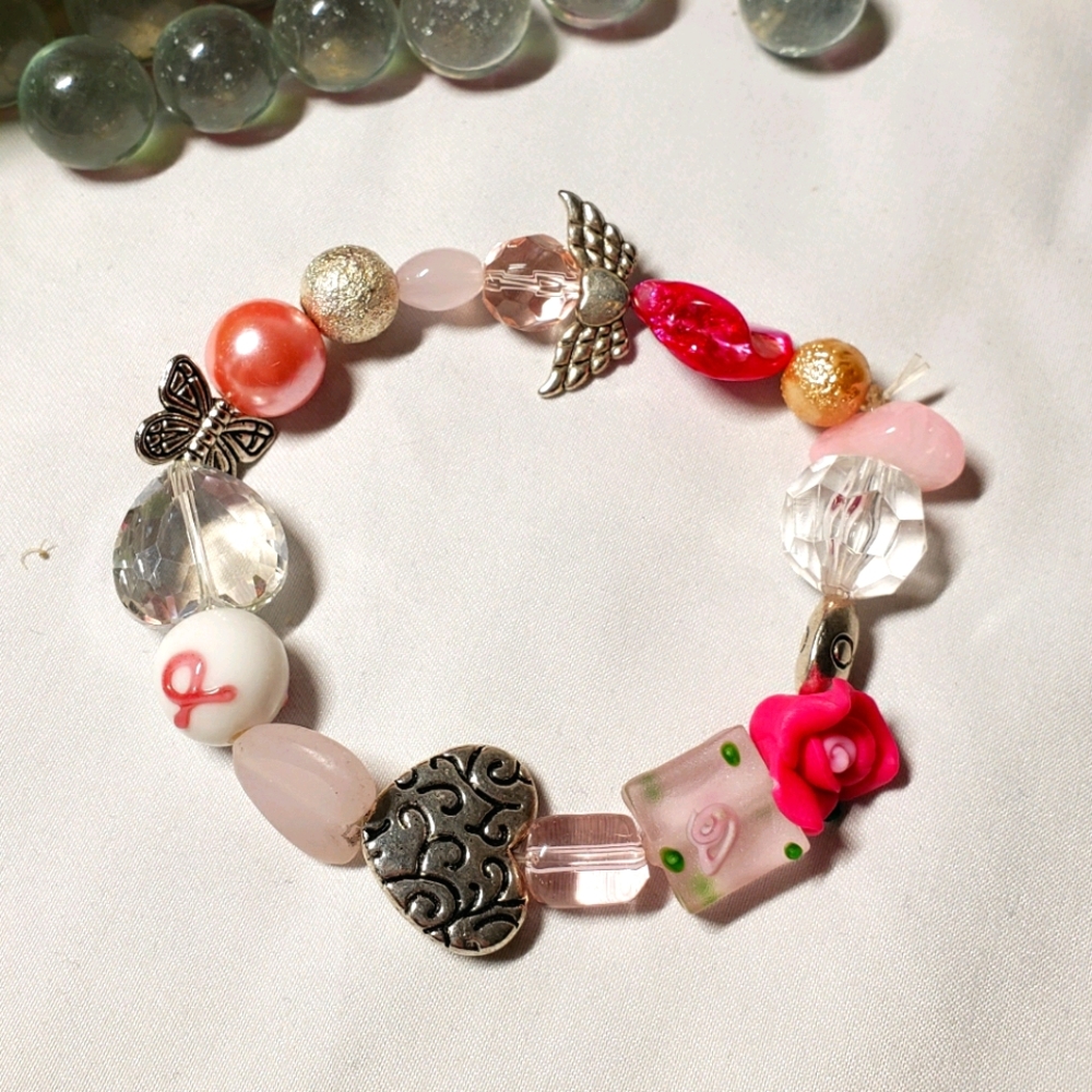 Unique Pink Beaded Beacelet w/ Elastic